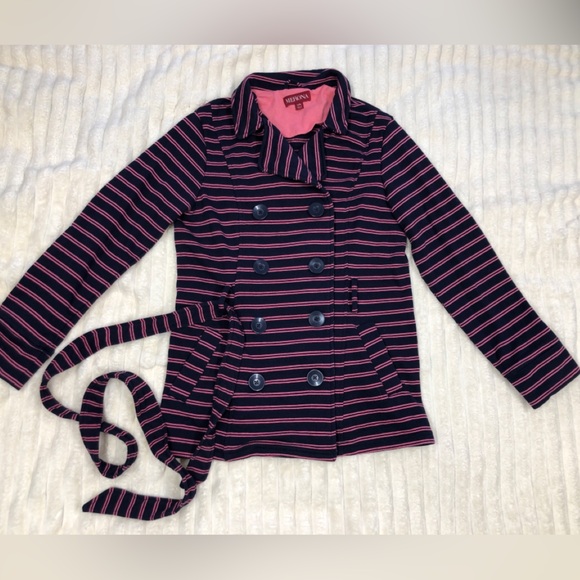 Merona EUC Navy & Pink Striped Double Breasted Knit Jacket w/Tie Belt Large - Picture 3 of 14